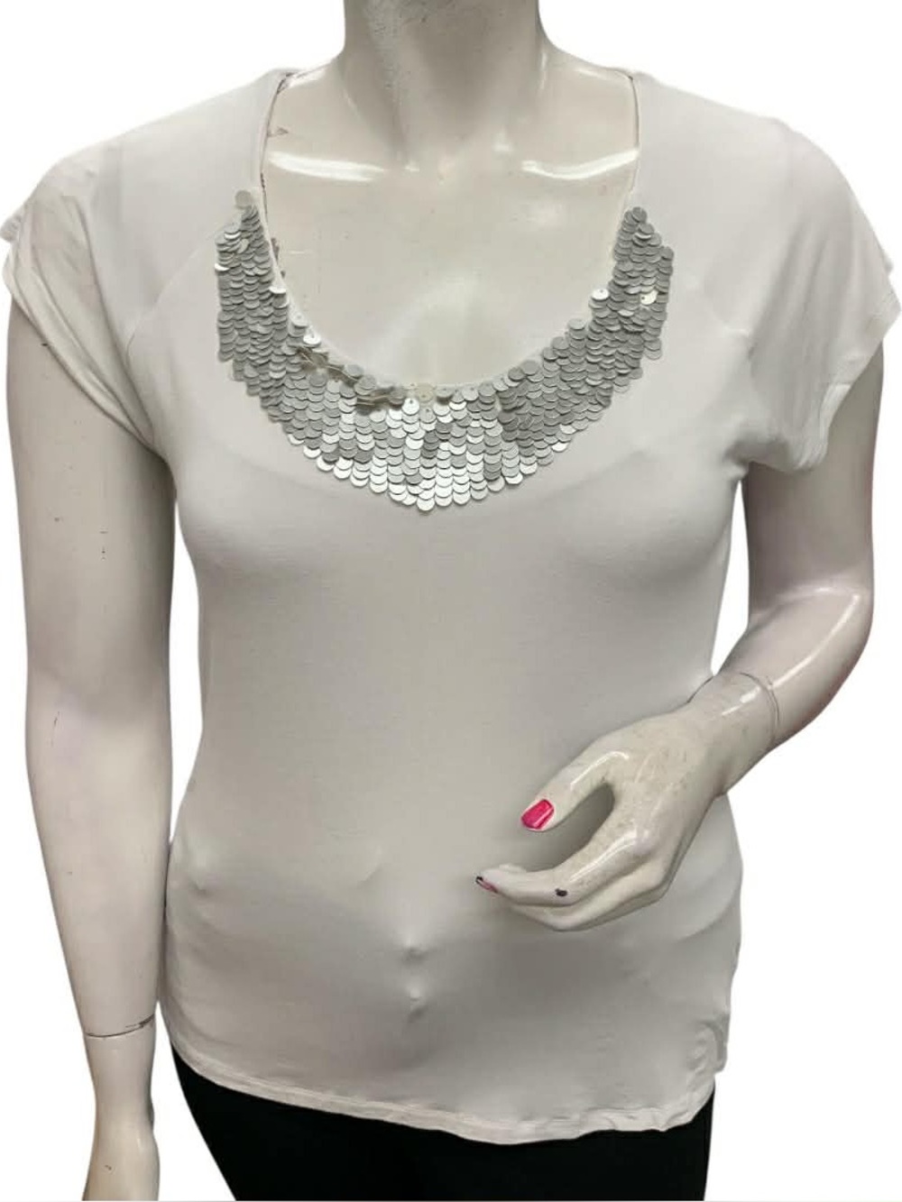 Jessica White Short Sleeve Top with Silver Sequin Scoop Size L